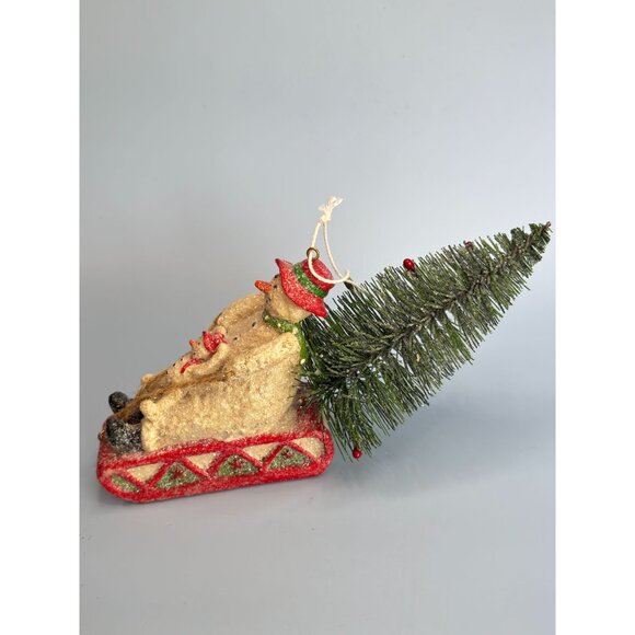 Snowman & Snowchild Sledding with Bottle Brush Christmas Tree Ornament - Picture 3 of 7